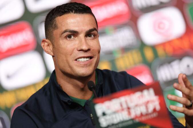 Cristiano Ronaldo en conférence de presse lors de l'entraînement de l'équipe du Portugal pour la qualification à l'EURO 2024 à Lisbonne, Portugal, le 22 mars 2023.
