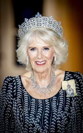 Camilla Parker Bowles est superbe avec les bijoux de la couronne ayant appartenu à la reine Elizabeth II à Berlin, le 29 mars 2023