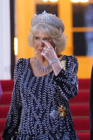 Camilla Parker Bowles est superbe avec les bijoux de la couronne ayant appartenu à la reine Elizabeth II à Berlin, le 29 mars 2023