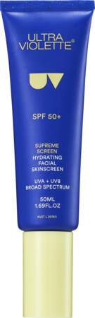 Crème solaire hydratante visage Supreme Screen SPF 50+, Ultra Violette, 41€ les 50ml disponible en juin à la Samaritaine