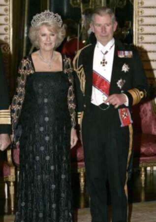 Camilla Parker Bowles et sa tiare lors de la visite de la famille royale de Norvège, le 25 octobre 2005