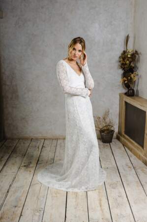 Robe de mariée manches longues en dentelle, modèle "Naomi", Indiebride, prix sur demande