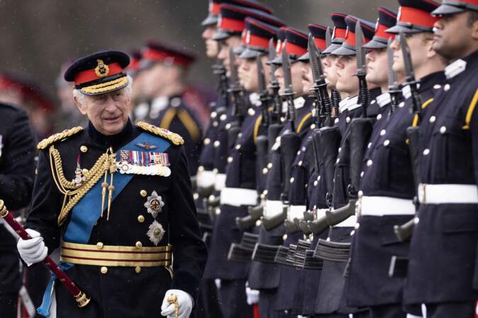 Charles III, à l'académie militaire royale Sandhurst, à Camberley, le 14 avril 2023.