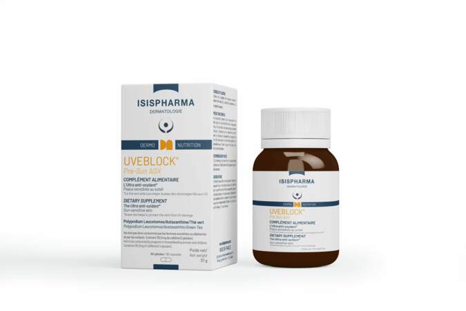 Complément alimentaire Uveblock Pre-Sun AOX, Isispharma, 18,90€ le pilulier de 60 gélules en (para)pharmacies
