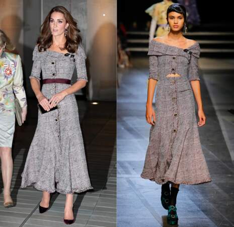 Kate Middleton arborant une robe grise en tweed Erdem, collection printemps/été 18. A été comblé la découpe risquée au niveau du ventre.