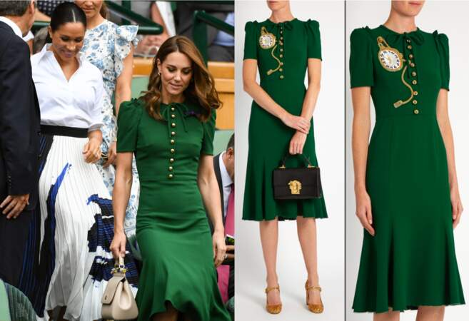 Kate Middleton arborant la robe verte Montre de Poche par Dolce & Gabbana. Une broderie en forme de montre initialement sur la poitrine a été retirée. 