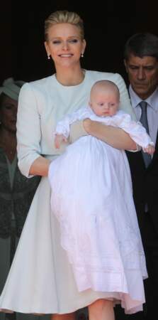 Charlène de Monaco au baptême des enfants princiers, le 10 mai 2015