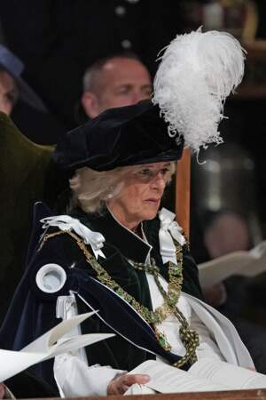 La reine consort Camilla Parker Bowles lors du second couronnement de Charles III à la cathédrale Saint-Gilles d'Édimbourg, le 5 juillet 2023