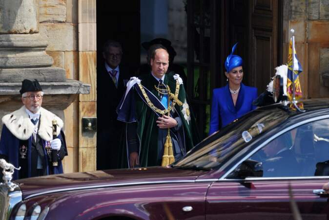 Le prince William et Kate Middleton partent en direction de la cathédrale Saint-Gilles d'Édimbourg en Écosse pour assister au second couronnement de Charles III, le 5 juillet 2023