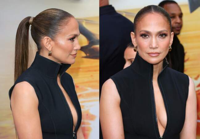 Jennifer Lopez et sa queue-de-cheval tirée en arrière appelée “sleek ponytail” cette coiffure est idéale pour étirer les traits du visage et lifter le visage 