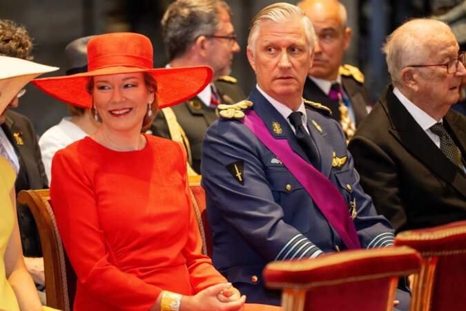 Le roi Philippe et la reine Mathilde installés dans la cathédrale, pour assister aux célébrations de la Fête Nationale, à Bruxelles, le 21 juillet 2023.