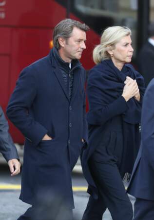 François Baroin et sa compagne Michèle Laroque à l'église Saint-Sulpice pour les obsèques de l’ancien président de la République Jacques Chirac à Paris, le 30 septembre 2019
