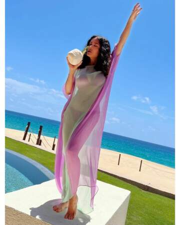 Salma Hayek porte une robe de plage transparente 
