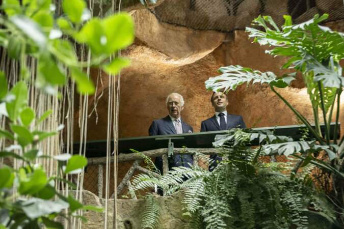 Le roi Charles III et le président Emmanuel Macron visitent la serre tropicale du Jardin des Plantes dans le cadre de leur visite au Muséum d'histoire naturelle, à Paris, ce jeudi 21 septembre 2023