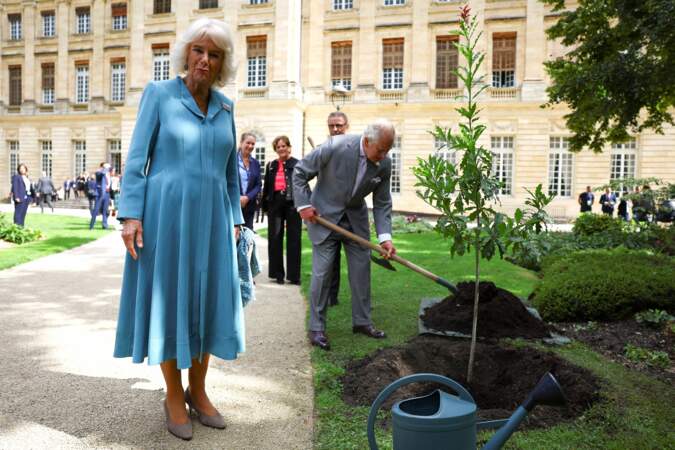 Le roi Charles III plante un chêne dans les jardins de l'Hôtel de ville de Bordeaux, ce vendredi 22 septembre 2023