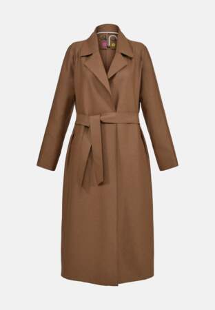 Long manteau marron en laine ceintrée à la taille, Oakwood, 499€