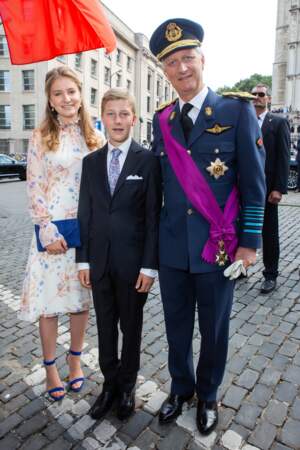 Le roi Philippe de Belgique, la reine Mathilde de Belgique et leurs 4 enfants assistent à la cérémonie du " Te Deum " à la cathédrale des Saints Michel et Gudule à Bruxelles