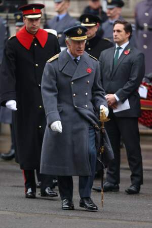 Le roi Charles III d'Angleterre, Le prince William, prince de Galles - La famille royale honore les disparus des deux guerres mondiales lors de la cérémonie Remembrance Sunday (Dimanche du souvenir) au Cénotaphe à Londres le 12 novembre 2023.