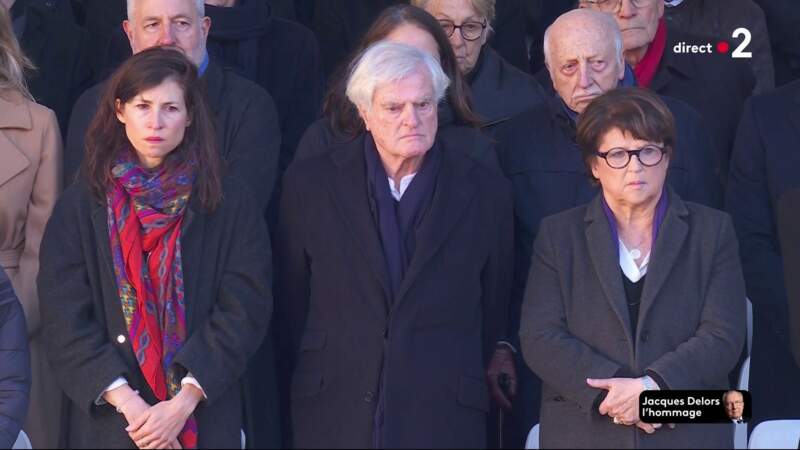 Martine Aubry, aux côtés de sa fille et de son mari, lors de l'hommage national à Jacques Delors, dans la cour d’honneur de l’Hôtel national des Invalides, à Paris, le 5 janvier 2024.