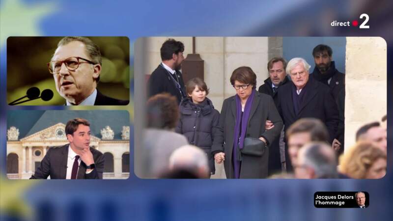 Martine Aubry, accompagnée de son mari Jean-Louis Brochen et son petit-fils, arrive à l'hommage national à Jacques Delors, dans la cour des Invalides, à Paris, le 5 janvier 2024.