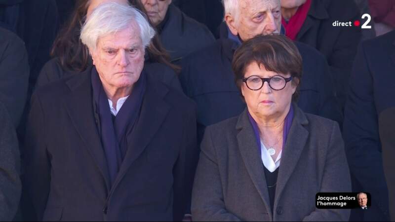 Martine Aubry et son mari Jean-Louis Brochen, lors de l'hommage national à Jacques Delors, dans la cour d’honneur de l’Hôtel national des Invalides, à Paris, le 5 janvier 2024.