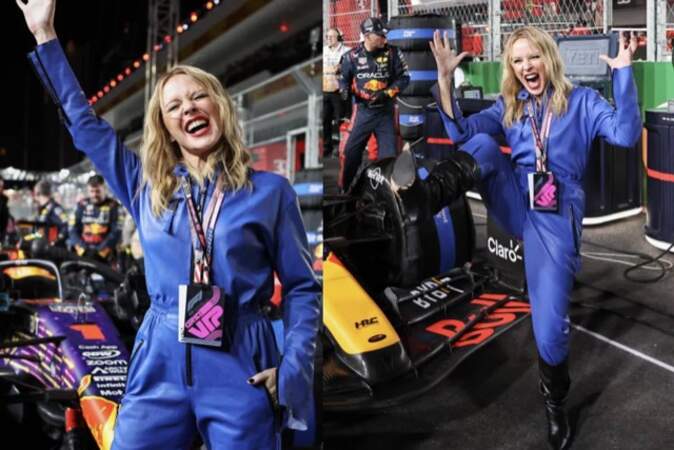 Kylie Minogue porte une combinaison de la collection SS24 Jean Claude Jitrois lors du Grand Prix F1 à Las Vegas.