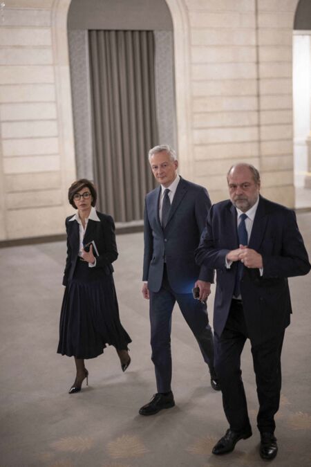 Rachida Dati, Bruno Le Maire et Eric Dupond-Moretti se rendent à la Conférence de presse d'Emmanuel Macron 