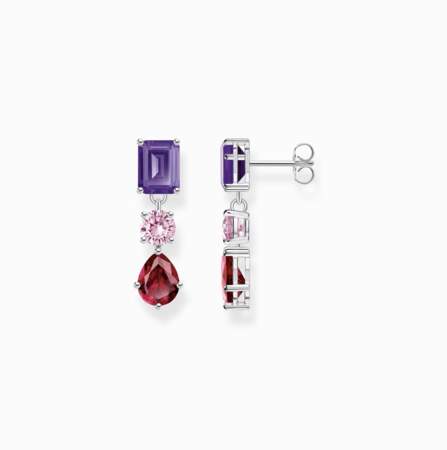 Pendants d’oreilles avec trois pierres rouge, rose et violet argent, Thomas Sabo, 249€