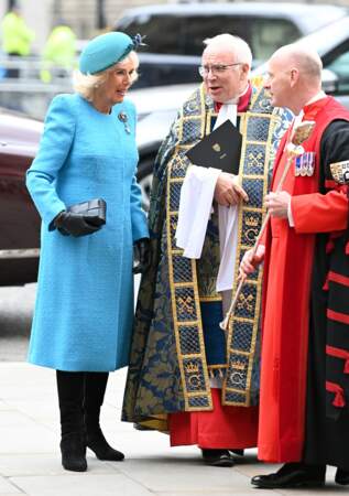La reine Camilla et des membres de l'abbaye lors du service de célébration de la Journée du Commonwealth à l'abbaye de Westminster de Londres, ce lundi 11 mars 2024