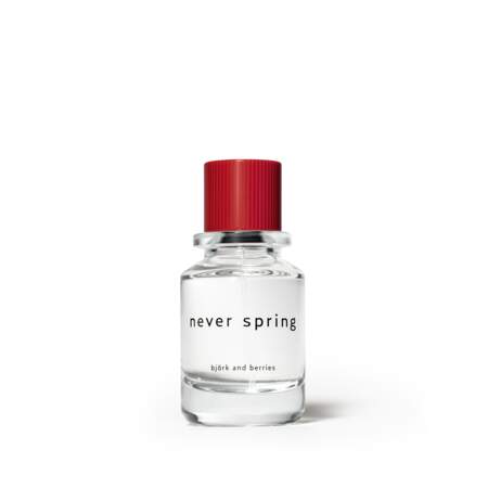 Eau de parfum Never Spring, Bjork and Berries, 50 ml, 125€, disponible sur l'eshop de Bjork and Berries