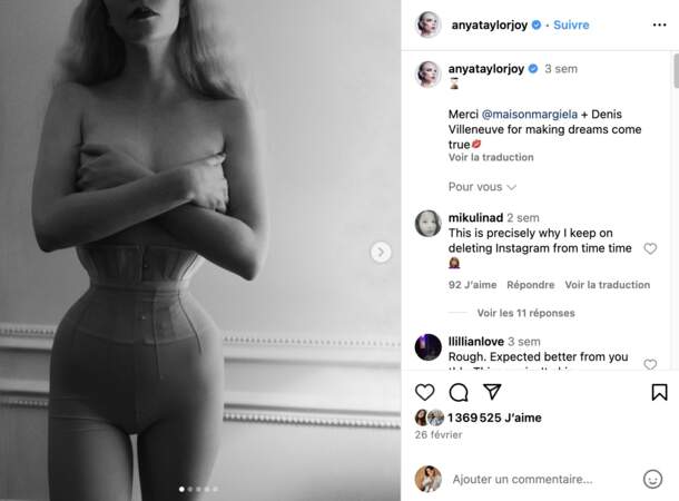Quelques heures avant la photo controversée de Kim Kardashian en corset, Anya Taylor-Joy s'attire elle aussi les foudres des internautes sur Instagram en dévoilant cette photo de son buste corseté à l'extrême dans une pièce Margiela, pour l’avant-première new-yorkaise de "Dune II"