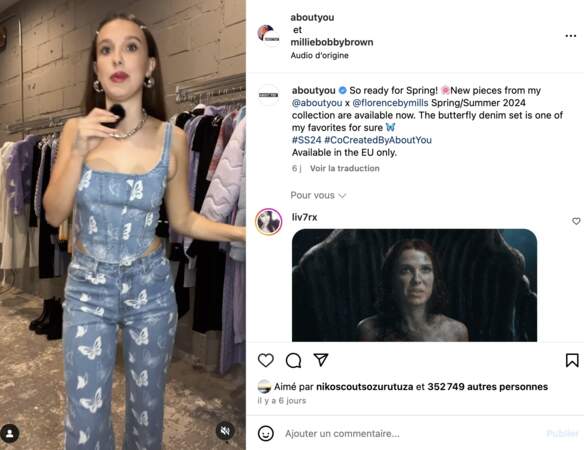 Millie Bobby Brown de nouveau en corset, cette fois-ci en jean et à imprimé papillons et de la marque Florence By Mills’, sur Instagram, le 12 mars 2024