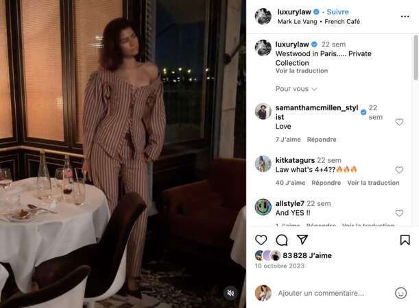 Dans une vidéo postée sur l'Instagram de son styliste Law Roach, Zendaya pose dans un  costume deux pièces à rayures composé d'un corsage et d'un pantalon, signés Vivienne Westwood, au beau milieu d'un restaurant. Le 10 octobre 2023.