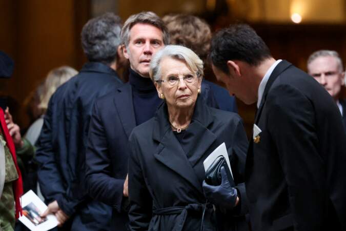 Michèle Alliot-Marie à sa sortie des obsèques de Frédéric Mitterrand, en l'Église Saint-Thomas-d’Aquin, dans le 7ème arrondissement de Paris, le mardi 26 mars 2024. 