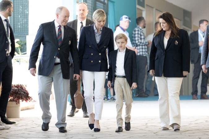 Albert de Monaco entouré de la princesse Charlène, leur fils Jacques et Mélanie-Antoinette Costello de Massy aux Rolex Monte-Carlo Masters, le 14 avril 2024