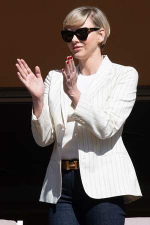 La princesse Charlene applaudit les participants à la 12ème édition du Tournoi Sainte Dévote de Rugby le 20 avril 2024 à Monaco