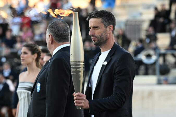 Tony Estanguet, président de Paris 2024, lors de la passation de la flamme olympique de la Grèce à la France au stade panathénaïque d’Athènes, Grèce, le 26 avril 2024. 