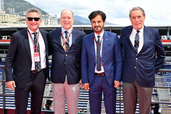 Alejandro Agag, fondateur et président de Formula E, le prince Albert II de  Monaco, Mohammed Ben Sulayem, le président de la FIA, et Michel Béori, le président de l'Automobile Club de Monaco lors du E-Prix 2024, le 27 avril 2024.