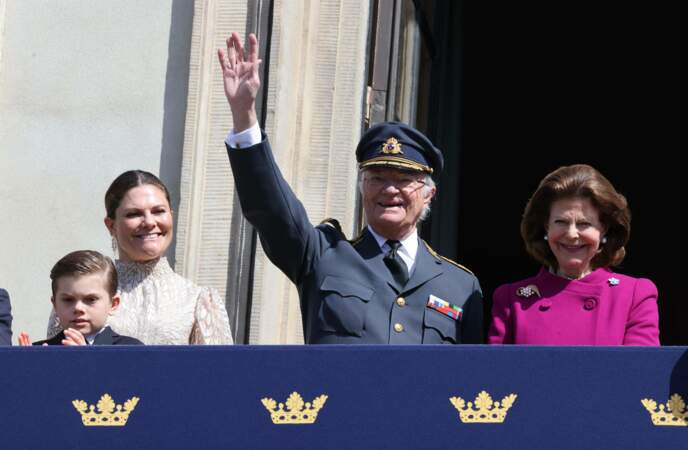 La princesse Victoria de Suède, le prince Oscar, Le roi Carl XVI Gustav de Suède et La reine Silvia de Suède, le 30 avril 2024.