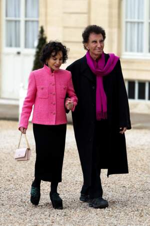 Monique Lang aux côtés de son mari Jack Lang au palais présidentiel de l'Élysée à Paris