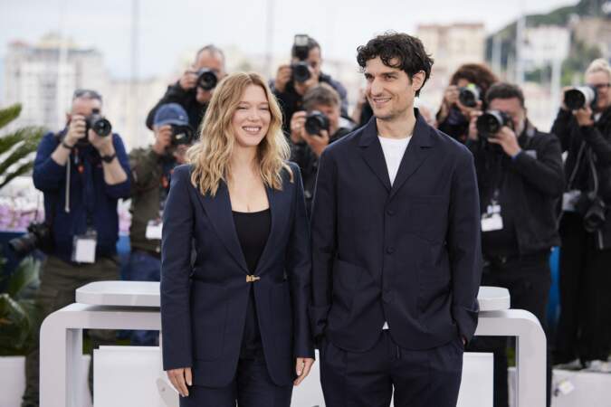 Léa Seydoux et Louis Garrel complices lors de la présentation presse du film "Deuxième Acte" à Cannes, le 15 mai 2024