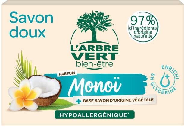 Savon doux parfum Monoï, L'Arbre Vert, 1,69 € les 90g en GMS