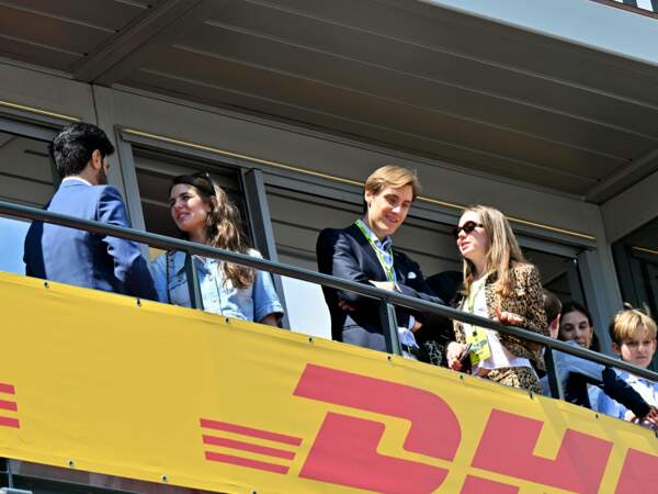 Charlotte Casiraghi,  Alexandra de Hanovre et son compagnon Ben-Sylvester Strautmann dans les stands du Grand Prix Monaco 2024, le 25 mai 2024. 