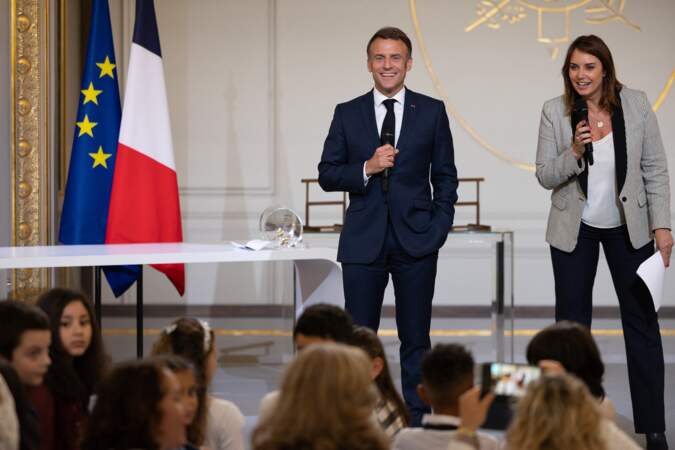 Emmanuel Macron et Julia Vignali - Remise des prix "Non au Harcèlement 2024" au palais de l'Elysée à Paris
